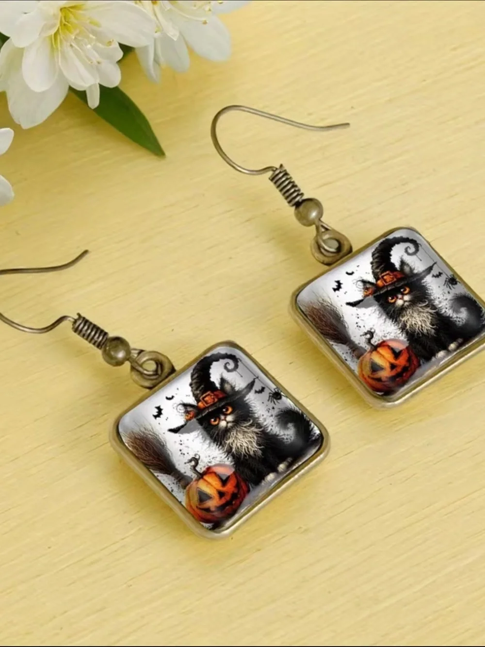 Halloween Cat Pumpkin Drop Earrings in Black and Orange